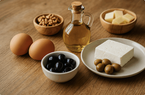 Healthy Turkish breakfast with olive oil, walnuts, eggs, cheese, and olives — inspired by Prof. Dr. Canan Karatay’s diet philosophy.